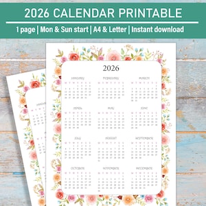2026 Calendar Printable, 2026 Printable Year Calendar, Desk Calendar Year Overview 2026, Year at a glance, Letter Size A4, Mon & Sun start