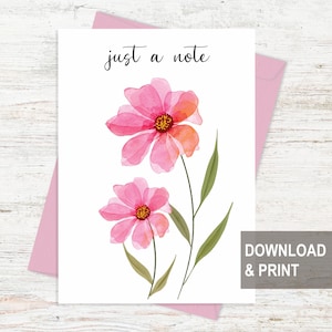 Solo un biglietto di auguri stampabile con fiori rosa acquerellati, biglietto di condoglianze floreale, biglietto "Penso a te", download digitale, biglietto per lunghe distanze
