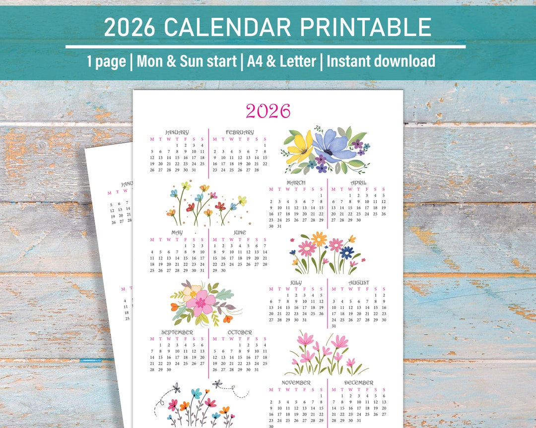 2026 Calendar Printable Full Year, 2026 Yearly Printable Calendar