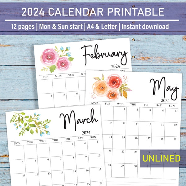 2024 Calendar download, Desk and Wall Calendar Printable, Watercolor Floral Monthly Calendar in Letter Size, A4, Monday and Sunday start