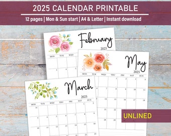 2025 Calendar printable download, Watercolor Floral Monthly Calendar, Desk and Wall Printable Calendar in Letter Size, A4, Mon & Sun start