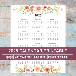 2025 Jahreskalender zum Ausdrucken, Jahreskalender 2025, Tischkalender Jahresübersicht 2025, das Jahr auf einen Blick, A4 Letter, Mo & So Start