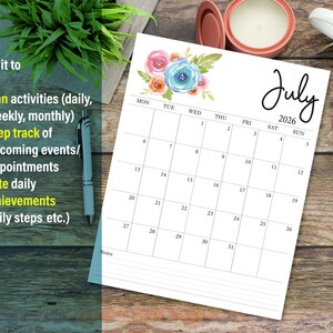 May include: A July 2026 calendar with floral accents, displayed on a wooden surface. The calendar includes a weekly and monthly planner, with space to track events and achievements. The text "Use it to" and other instructions are visible.