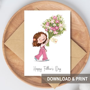 Tarjeta del Día del Padre de mi hija, tamaño A7, imprimible, dibujada a mano, ilustración de una linda niña con flores, acuarela floral, tarjeta digital.