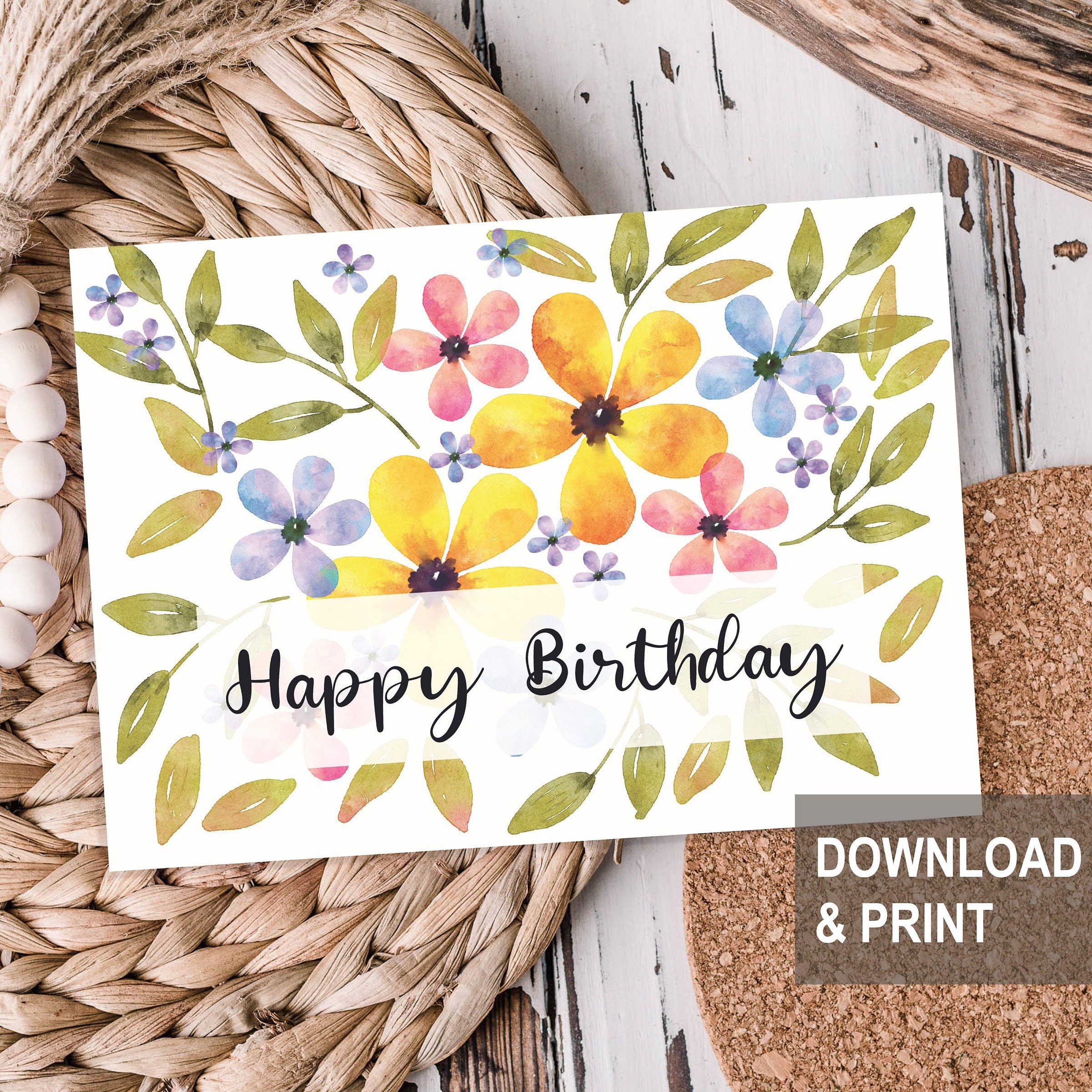 Printable Birthday Card With Flowers Happy Birthday Card - Etsy