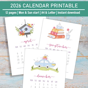 Calendario de escritorio imprimible 2026, mini calendario imprimible 2026, lindo calendario ilustrado con garabatos, tamaño carta A5 y media, inicio lunes y domingo.