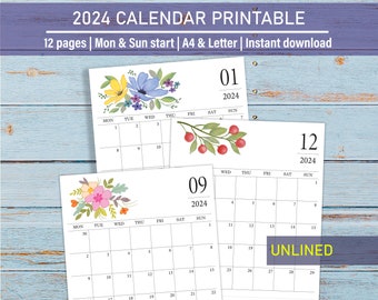 2024 Floral Calendar Printable, 2024 Printable calendar, Desk and Wall Calendar, Monthly calendar - A4, Letter Size, Monday and Sunday start