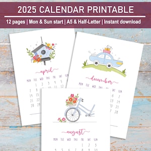Calendário de mesa para impressão 2025, Mini calendário para impressão 2025, Calendário ilustrado, Carta dos EUA A5 e meia, Início segunda e domingo