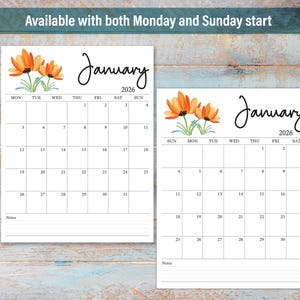 May include: Two January 2026 calendars with floral accents. One calendar starts on Monday, the other on Sunday. Each calendar features orange flowers, the month's name, and a grid for daily planning. The calendars are on a light blue and brown wooden surface.