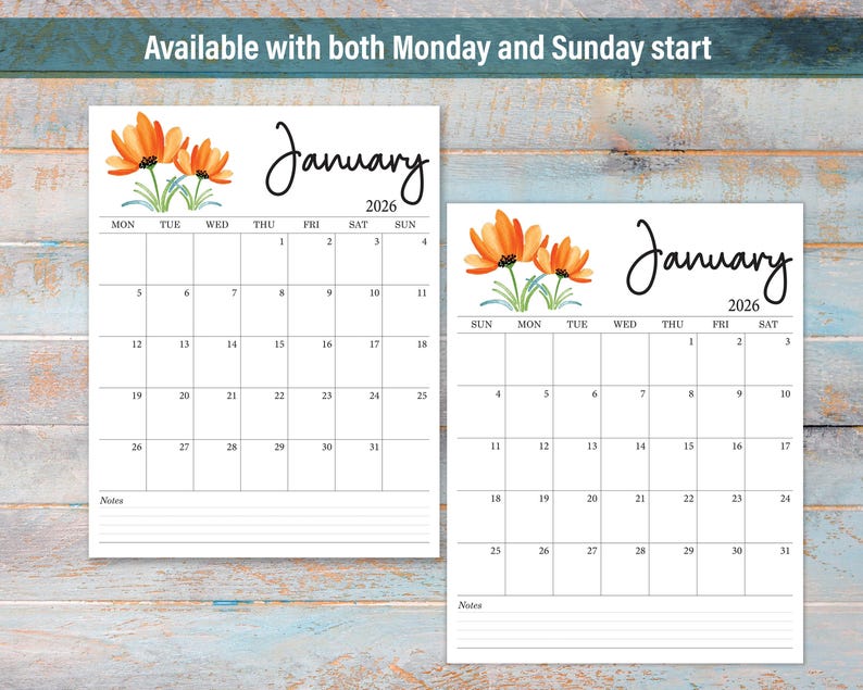 May include: Two January 2026 calendars with floral accents. One calendar starts on Monday, the other on Sunday. Each calendar features orange flowers, the month's name, and a grid for daily planning. The calendars are on a light blue and brown wooden surface.