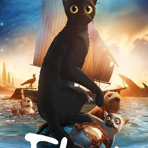 May include: A digital illustration featuring a black cat with yellow eyes, sailing on a boat with other animals. The word "Flow" is written in white at the bottom. The background shows a sunset and ocean.