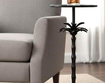 Mesa auxiliar de palmera de aluminio hecha a mano – Mesa auxiliar negra para salón