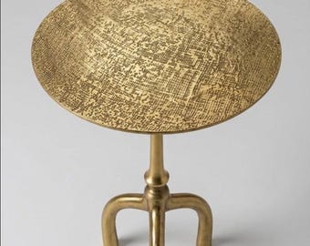 Handmade Jute Textured Top Brass Side Table | Luxury Designer Drink Table