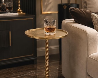 Handmade Antique Brass Scandinavian Martini Table, Minimalist Pedestal Accent End Table