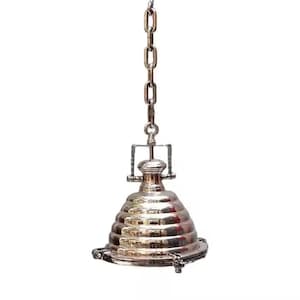 May include: A silver pendant light fixture with a chain and a bell-shaped shade with horizontal ridges.
