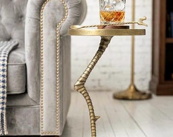 Handgemaakte aluminium flamingo bijzettafel, antiek messing afwerking, tropisch decor