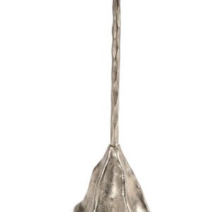 May include: A silver-colored side table with a round top and a textured, twisted stem. The base has a unique, organic shape. The table is made of metal and is suitable for indoor use.