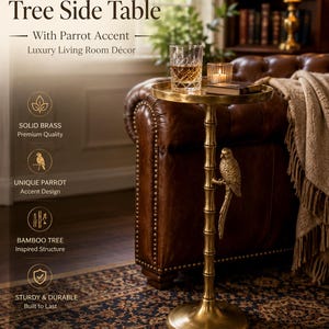 May include: A brass side table with a bamboo tree-inspired structure and a parrot accent. The table has a round top and a sturdy base. The text on the image reads "Brass Bamboo Tree Side Table".