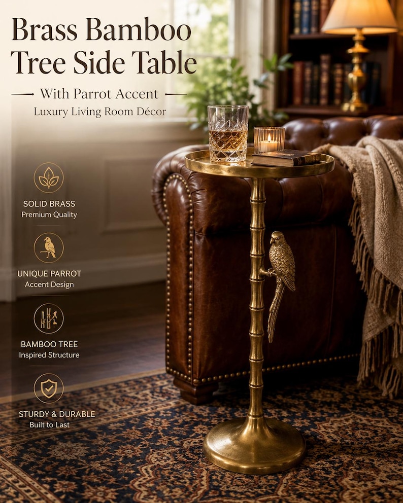 May include: A brass side table with a bamboo tree-inspired structure and a parrot accent. The table has a round top and a sturdy base. The text on the image reads "Brass Bamboo Tree Side Table".