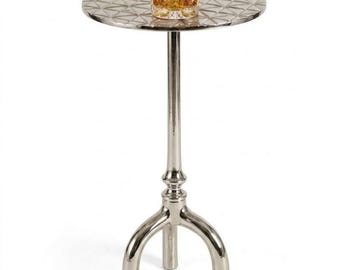 Mesa auxiliar de níquel texturizado hecha a mano – Mesa auxiliar europea con pedestal para bebidas