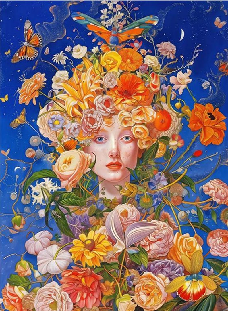 Floral Woman Portrait Art Print - Surreal Butterfly and Flower Wall Art ...