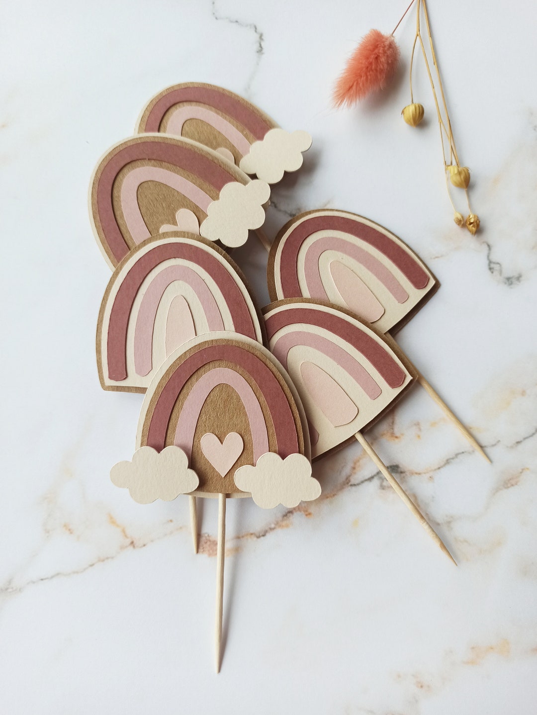 Boho Rainbow Cupcake Toppers Natural Colors Birthday Decoration Set of