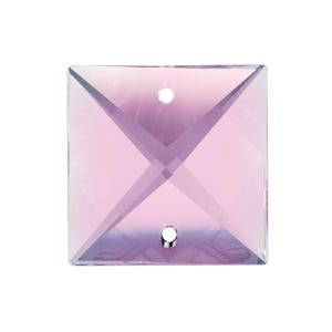 May include: A square, faceted crystal pendant in a light purple shade. The crystal features two holes, one at the top and one at the bottom. The facets form an X shape across the centre of the pendant.