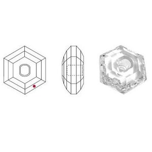 May include: Three views of a clear, faceted crystal knob. The first is a line drawing of the knob's front, the second is a side view, and the third is a detailed view of the knob's top. The knob has a hexagonal shape.