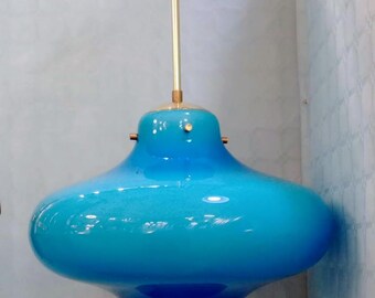 Suspension in glossy opaline glass Light blue colored 37 cm diameter Vistosi made in Italy 1970s