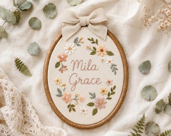 Handmade Embroidered Ornament, Personalized Baby Name Hoop, Custom Floral Nursery Decor, Baby Shower Gift