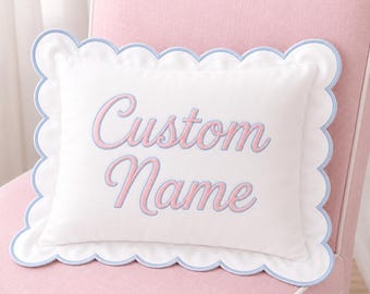 Handmade Custom Name Embroidered Baby Pillow, Personalized Nursery Pillow, Scallop Edge Baby Cushion, Baby Shower Gift