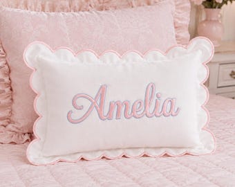 Handmade Custom Name Baby Pillow, Embroidered Baby Pillow Cover, Personalized Nursery Pillow, Scallop Edge Baby Room Decor, Baby Shower Gift