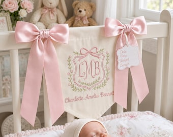 Personalized Baby Banner, Custom Embroidered Name Crib Banner, Newborn Birth Stats Sign, Nursery Decor Gift