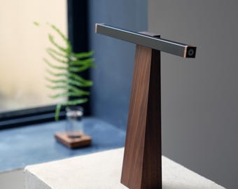 Architectural Walnut LED Desk Lamp - Minimalist Geometric Table Light
