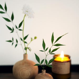 Puede incluir: Dos peque&ntilde;os jarrones redondos de madera sostienen vegetaci&oacute;n y una flor blanca. Una vela encendida en un frasco de vidrio marr&oacute;n est&aacute; en el fondo. Los elementos est&aacute;n dispuestos sobre una superficie de madera oscura, creando una est&eacute;tica natural y minimalista.
