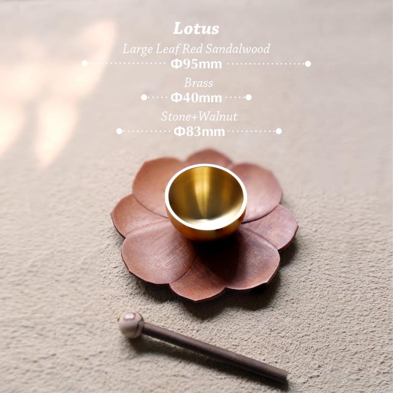 May include: A brass bowl, approximately 1.57 inches in diameter, sits on a large, reddish-brown, lotus-shaped base. A wooden stick with a rounded, light-colored end rests nearby. The image includes text that reads "Lotus" and measurements in millimeters.