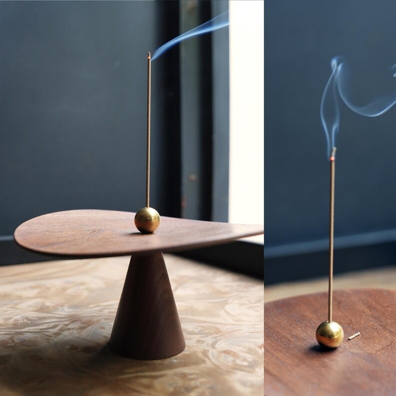 Handmade Sculptural Walnut Incense Holder - Modern Brass & Wood Ash ...