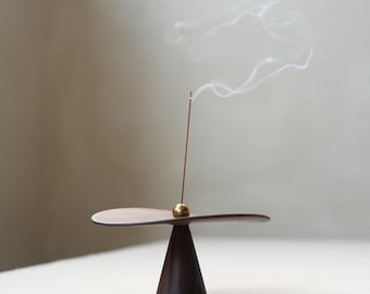 Handmade Sculptural Walnut Incense Holder - Modern Brass & Wood Ash Catcher – Personalized Mother's Day Gift Zen Meditation Spiritual Yoga