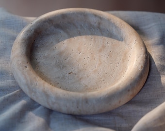 Travertine Marble Catchall Tray – Round Stone Jewelry Dish, Coffee Table & Vanity Decor, Wabi Sabi Japandi Home Gift
