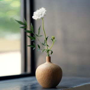 Könnte beinhalten: Eine kleine, runde Holzvase mit einer weißen Blume und grünen Blättern. Die Vase hat einen schmalen Hals und einen bauchigen Körper. Die Blume steht in voller Blüte und die Blätter sind leuchtend grün. Die Vase steht auf einer dunklen Oberfläche.