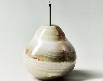 Natural Onyx Pear Incense Holder | Jade Fruit Decor & Paperweight | Minimalist Altar Gift Set
