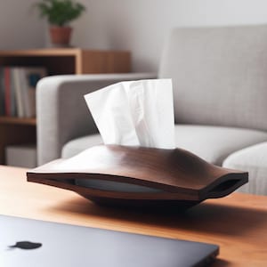 Solid Walnut Tissue Box Cover, Sculptural Japandi Decor, Magnetic Lid