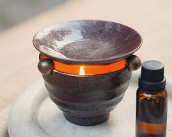 Quemador de aceite y tostador de té de cerámica / Difusor de aromaterapia Wabi Sabi / Calentador de velas zen rústico Japandi para aceites esenciales o hierbas