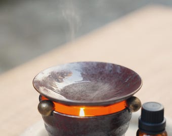 Ceramic Oil Burner & Tea Roaster | Wabi Sabi Aromatherapy Diffuser | Japandi Rustic Zen Candle Warmer for Essential Oils or Herbs