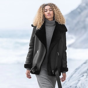 Cassie black oversized aviator faux shearling coat 2025