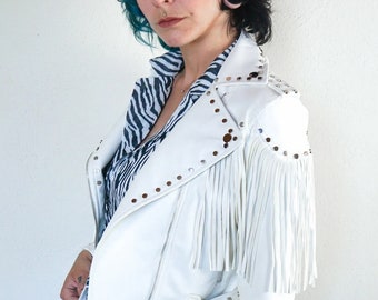 Handmade White Leather Fringe Jacket: Studded Western Style