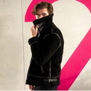 Cappotto in pelle scamosciata nera da uomo: giacca invernale in vera pelle di agnello