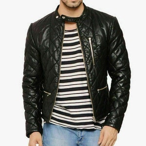 Herren Schwarze echt Leder Gesteppt Biker Jacke, Herren schwarze echt Leder gesteppt Slim Fit Motorradjacke, Lederjacke, Geschenk für Sie