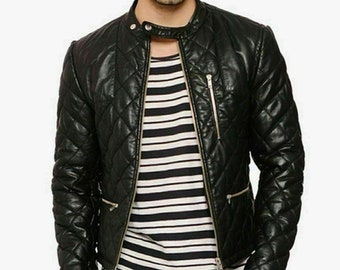 Men's Black Genuine Leather Quilted Biker Jacket, Men's Black Real Leather Quilted Slim Fit Motorcycle Jacket, Leather Jacket, Gift For Her