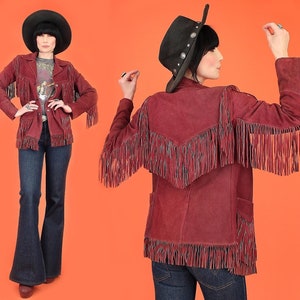 Giacca in pelle scamosciata rossa vintage con frange - Stile western
